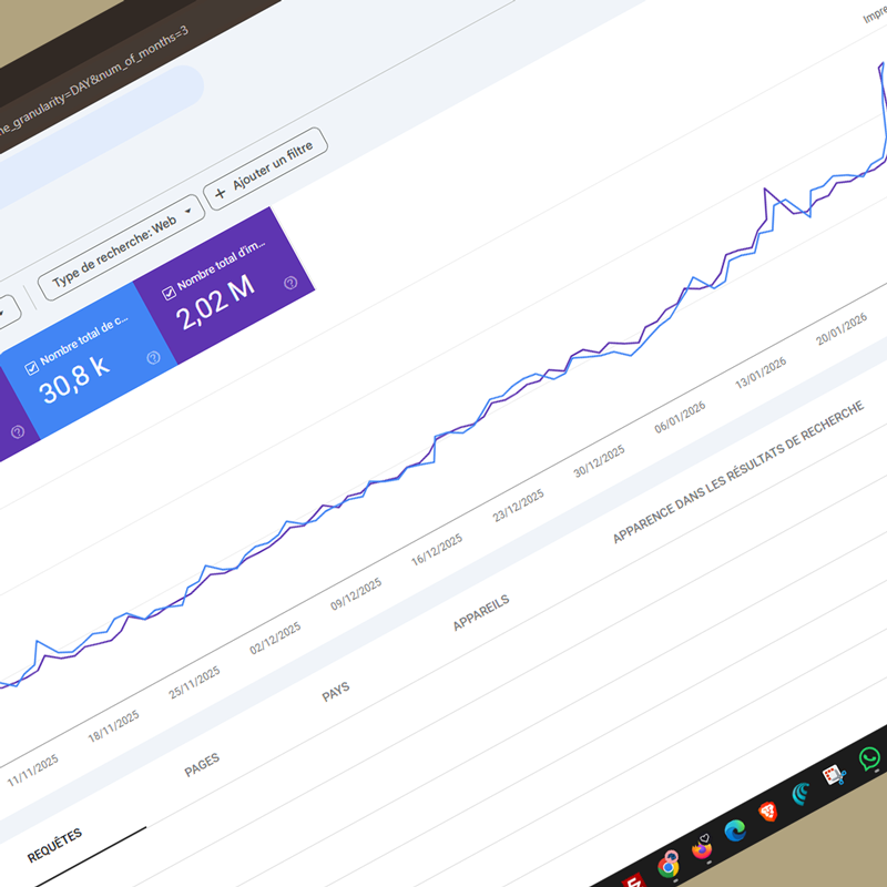 Courbe de progression du trafic organique (impressions et clics) sur la Google Search Console suite à la refonte SEO du site de tourisme