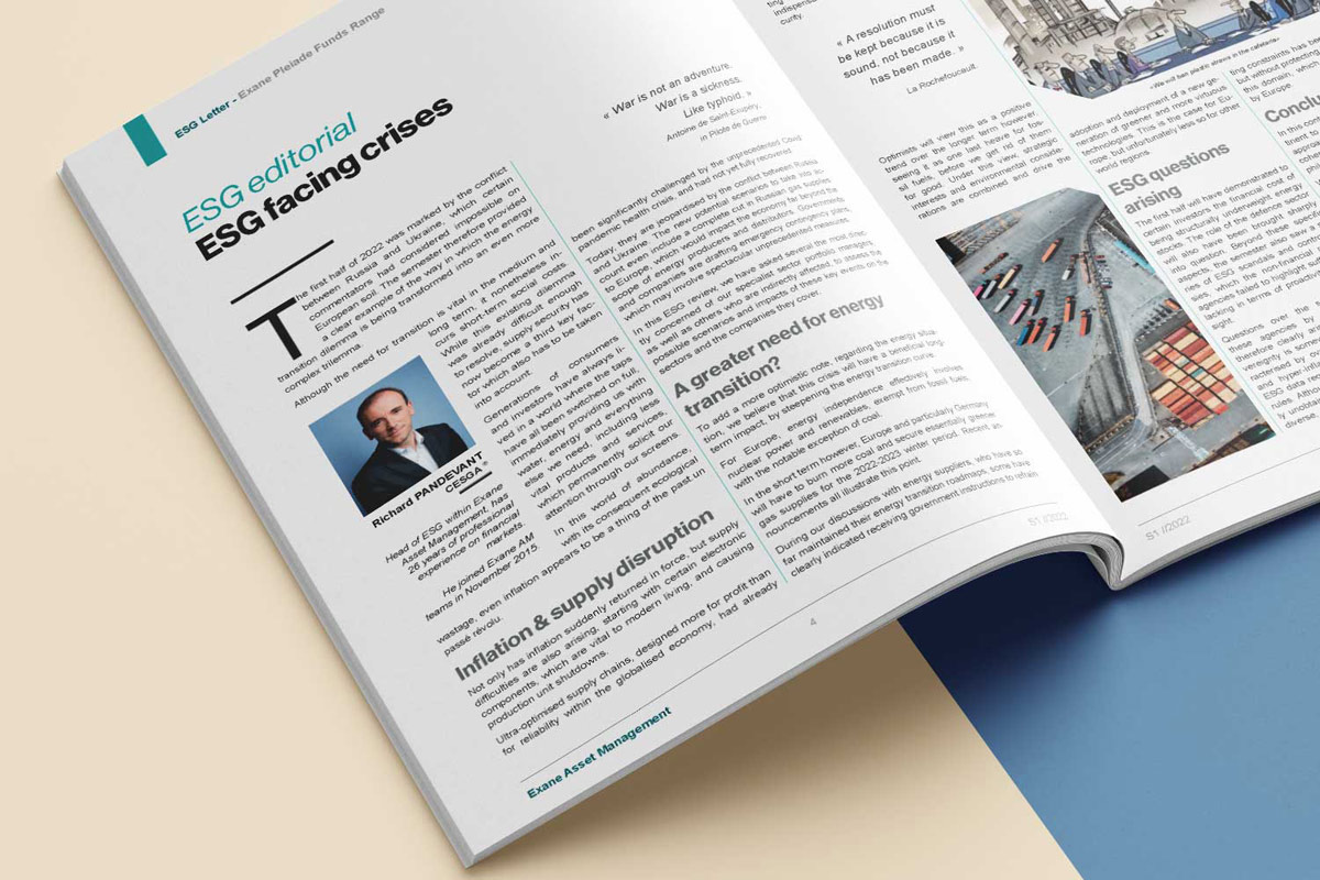 Vue détaillée de la double page édito du rapport ESG pour Exane Asset Management. La mise en page démontre l'intégration d'un portrait de dirigeant au sein d'un contenu textuel dense, avec une hiérarchie typographique claire facilitant la lecture.