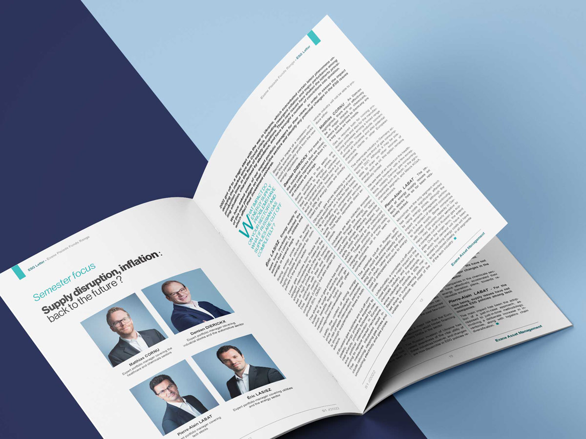 Vue des pages intérieures du rapport ESG pour Exane Asset Management. Le design éditorial met en avant le dossier du semestre avec une mise en page structurée, intégrant les portraits corporate des gérants de portefeuilles et des colonnes de texte aérées.