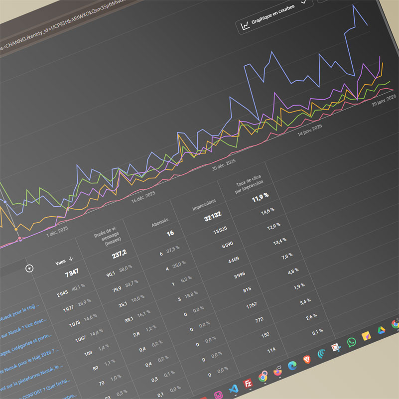 Tableau de bord YouTube Analytics montrant les excellentes performances de la stratégie vidéo de l'agence, avec plus de 32 000 impressions et un taux de clic exceptionnel de 11,9 %.